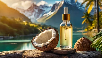 Fotobehang Close up skincare serum bottle with label with natural background, coco nut fruits oil, space for text, beauty product top view © Sajjad-Farooq-Baloch