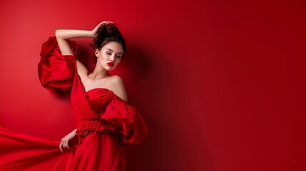 Fototapeta premium Generative AI : woman in a fashionable red dress with lush sleeves. Woman posing on a red background. 