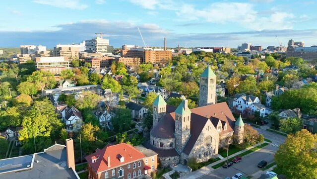 Aerial Ann Arbor Sunrise with Church Spires and Urban Expansion