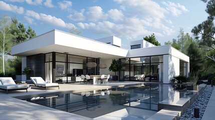 Fototapeta premium Generative AI : Design house - modern villa with open plan living and private bedroom wing.