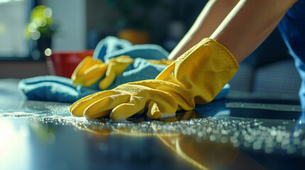 Female cleaner hands in gloves close up, housewife, woman polishing table top with cloths,  professional cleaning service working, lady tidying up apartment 