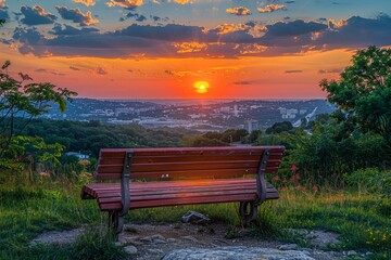 Obraz premium Majestic Sunset View over City Skyline from Park Bench on Hilltop - Tranquil Nature Scene with Vibrant Skies
