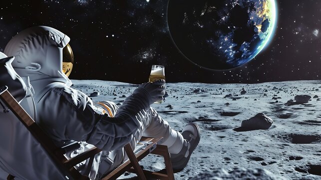 Generative AI : Back view of lunar astronaut having a beer while resting in a beach chair on Moon surface