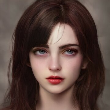 Portrait of a young female with dark brown hair. 3D illustration
