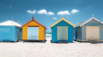 Naklejka premium Generative AI : Beautiful Bathing houses on white sandy beach 