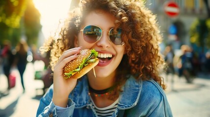 Generative AI : Outdoor fashion hipster style portrait of beautiful curly hair woman eating tasty...