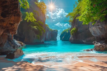 Majestic Tropical Cove with Sun Flares on Clear Blue Water and Lush Green Foliage Amidst Rocky Cliffs