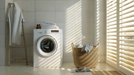 Generative AI : Interior of light bathroom with modern washing machine