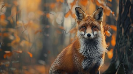 Generative AI : Portrait of a Red fox in the forest during the autumn