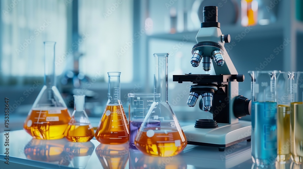Aufkleber generative ai : laboratory beakers, microscope, pipette. science experiment concept background.