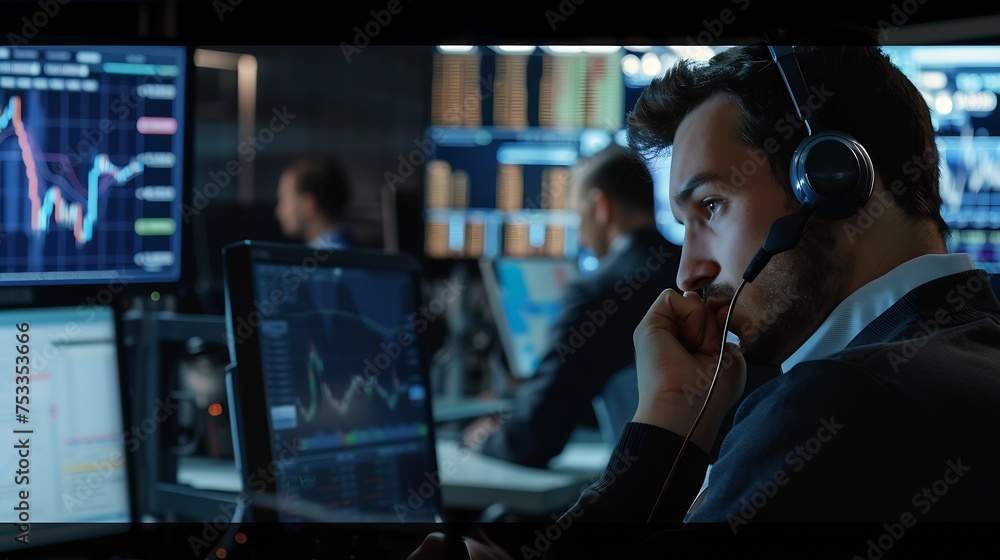 Poster Generative AI : Stock Exchange Trader Makes a Deal with Big Client Over the Headset. He Works with Other Brokers and is Surround 