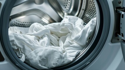 Generative AI : Opened washing machine full of white clothes. Closeup. Front view.