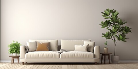 Contemporary living room with cozy couch, light, and potted plant.
