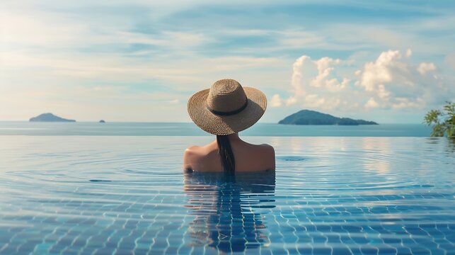 Generative AI : Happy traveler asian woman with hat and bikini relax in luxury infinity pool hotel resort 