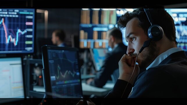 Generative AI : Stock Exchange Trader Makes a Deal with Big Client Over the Headset. He Works with Other Brokers and is Surround 