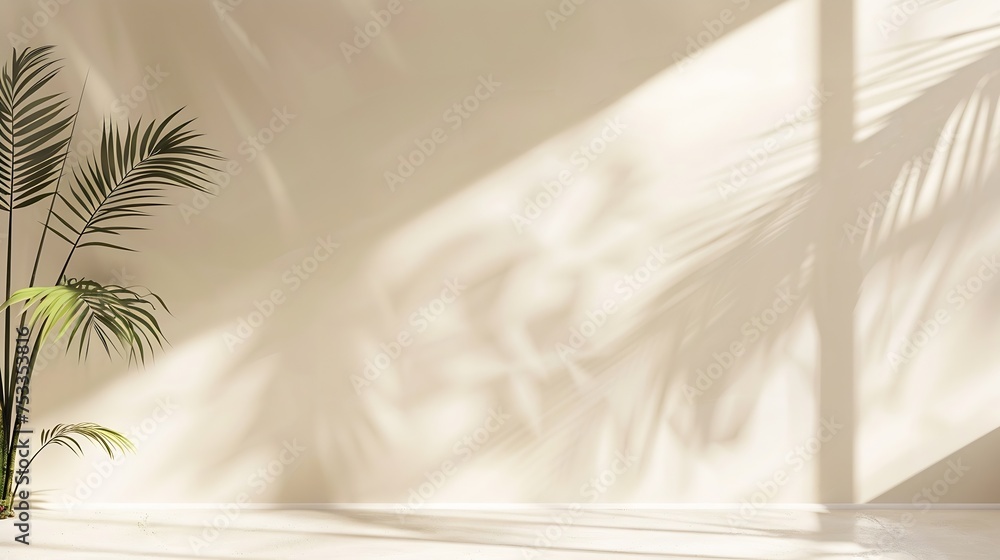 Poster Generative AI : Minimalistic abstract gentle light beige background for product presentation with light andand intricate shadow