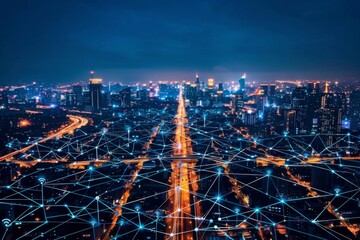 Futuristic cityscape with digital network overlay - A captivating image depicting a vibrant cityscape at night intertwined with digital network lines, symbolizing connectivity