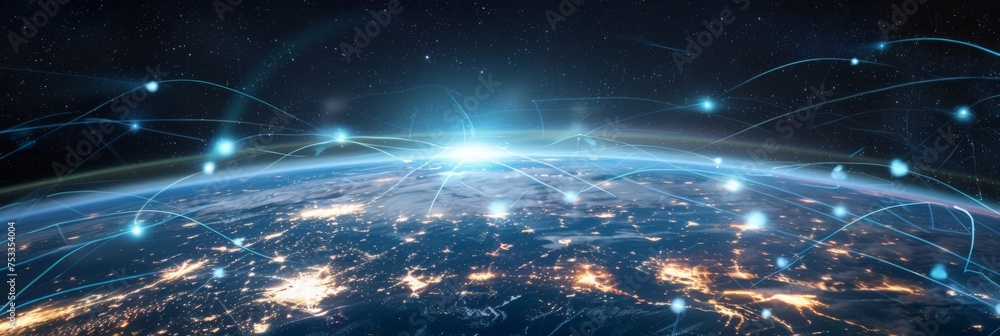 Poster glowing network connections over earth - digital representation of a connected world, highlighting g