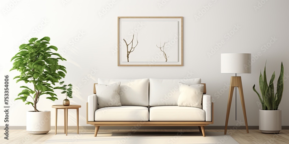 Sticker Stylish living room decor with poster frame, white sofa, armchair, lamp, flowers, plants, and personal accessories.