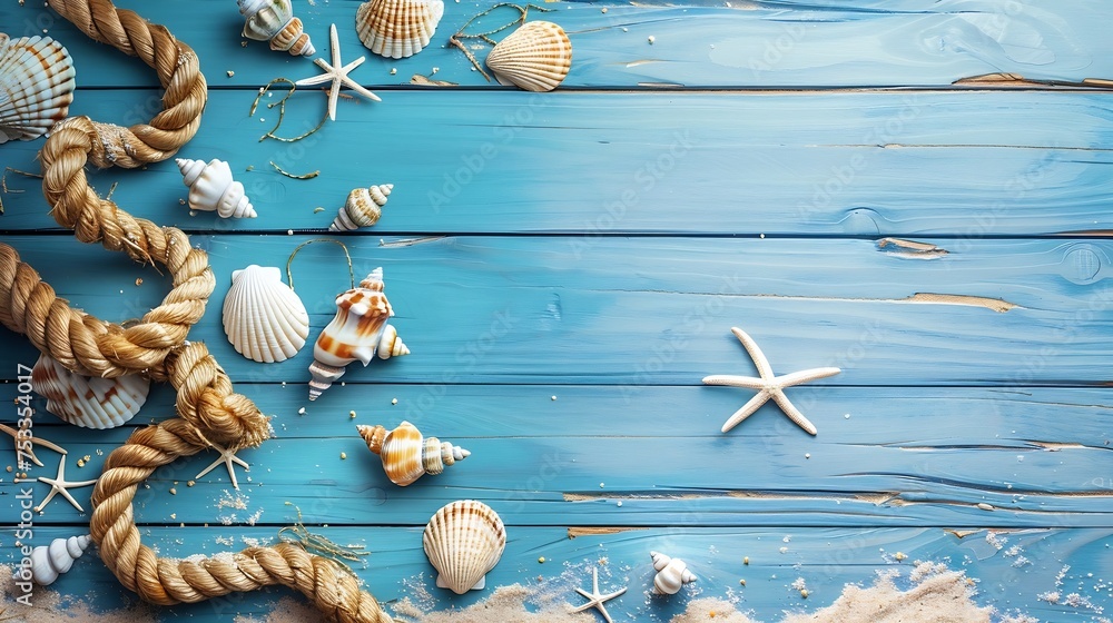 Poster generative ai : sea rope with many different sea shells on the sea sand on a blue wooden background.