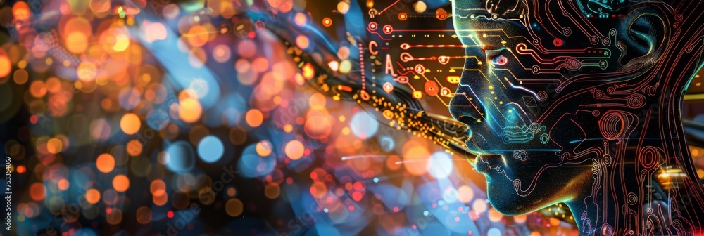 Poster human silhouette with circuit board design - a visually striking image of a human profile with a glo