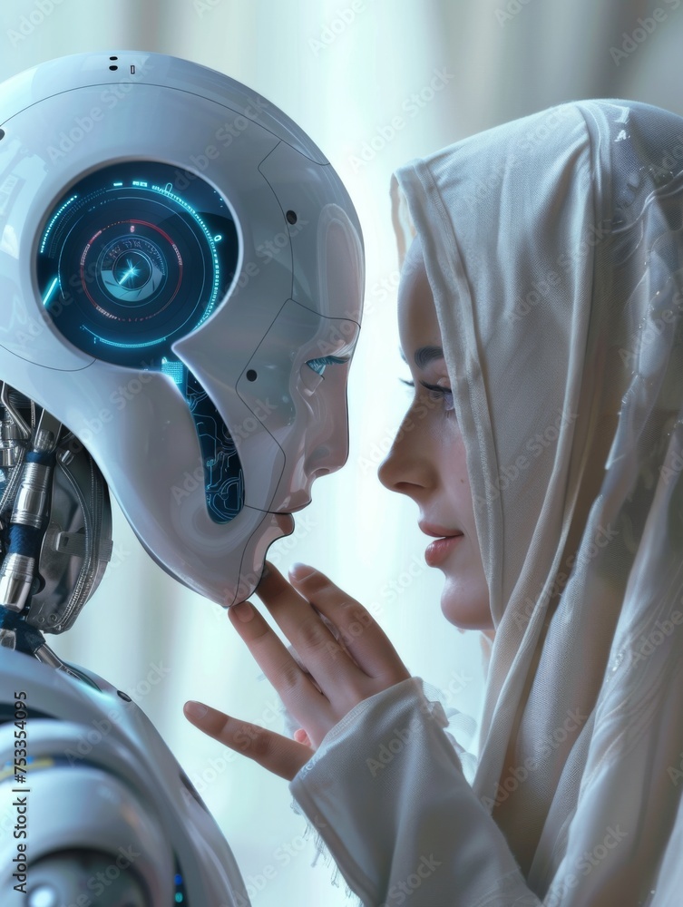 Poster humanoid robot touching transparent surface - close-up of humanoid robot finger reaching to touch a 