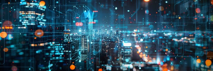 Obraz premium High-tech cityscape with dynamic data streams - A sprawling digital metropolis with dynamic data streams and vibrant tech elements symbolizing connectivity and innovation