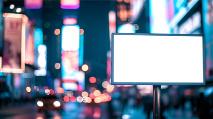 Blank white screen billboard on street cityscape blurred background. PNG screen display for mockup.