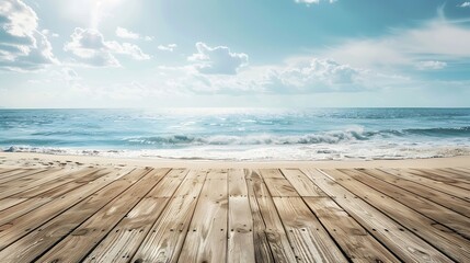 Fototapeta premium Generative AI : Wooden floors and ocean backdrop Suitable for a beach use. The beauty of nature