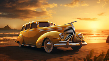 A classic antique vehicle parked on a sandy beach with waves and sunset in the background.
