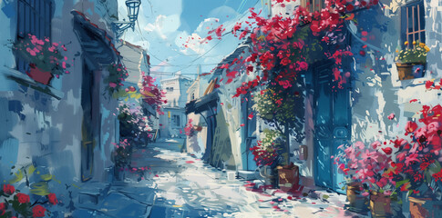 Floral Alley in Sunlight. A picturesque street adorned with colorful flowers.