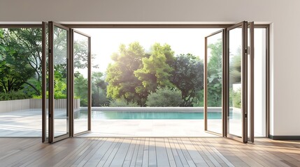 Generative AI : Modern contemporary empty room with swimming pool background 3d render, The room has wood floor white wall 