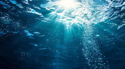 Generative AI : Underwater photo of sunlight breaking the ocean surface. From a scuba dive.