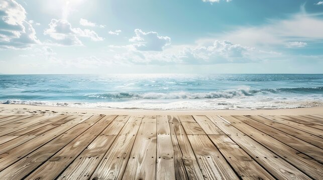 Generative AI : Wooden floors and ocean backdrop Suitable for a beach use. The beauty of nature