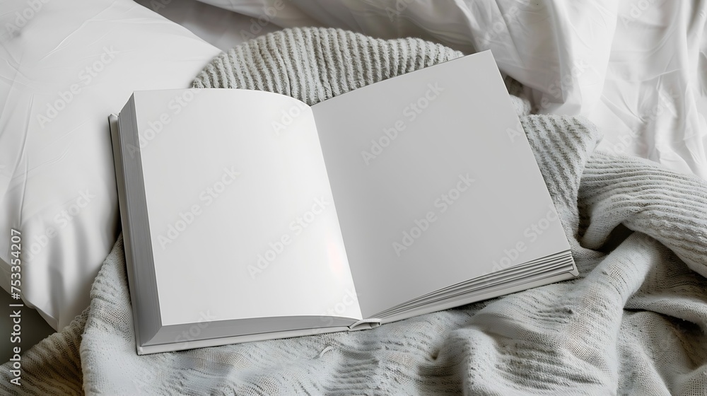 Poster generative ai : square empty book. album with clean pages. white book cover mockup on the pillows in