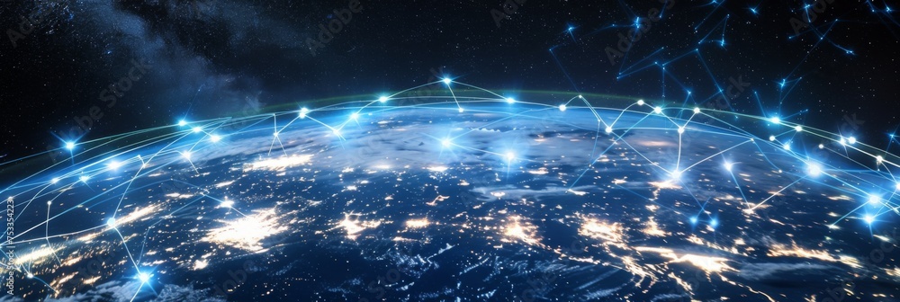 Poster network lines and light tracks across earth - illustrating the concept of global connectivity and th