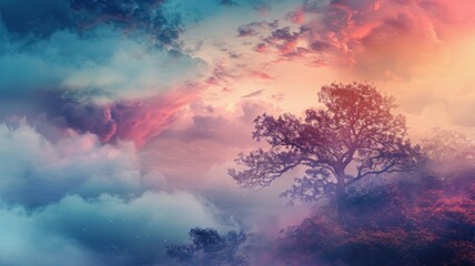 Mystical tree in colorful celestial clouds - An ancient tree is enshrined in vibrant celestial clouds forming an enchanting, dreamy scenery