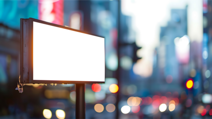 Blank white screen billboard on street cityscape blurred background. PNG screen display for mockup.