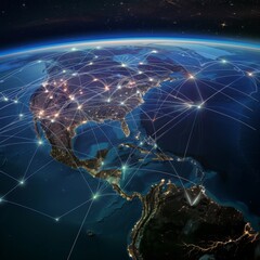 Network connections across North America at night - Illuminated network connections highlighting major cities and interactions across the North American continent during night time