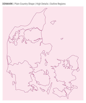 Denmark plain country map. High Details. Outline Regions style. Shape of Denmark. Vector illustration.