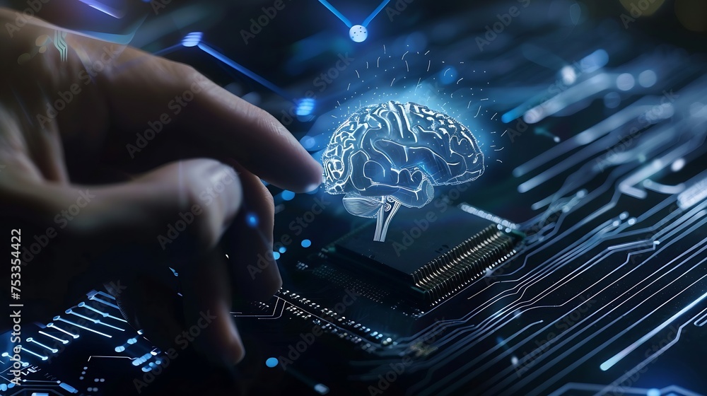 Fototapete Generative AI : AI computing with neural engine CPU. Man working on neural network microchip for hardware accelerated machine learning.