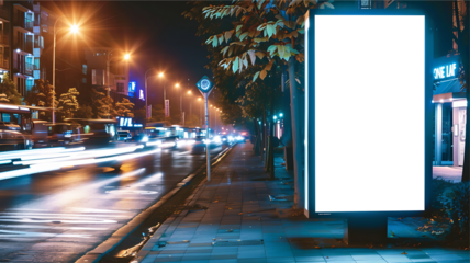 Blank white screen billboard on street cityscape blurred background. PNG screen display for mockup.