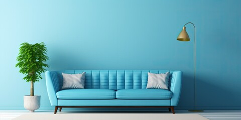 Fototapeta na wymiar Living room with blue sofa and light blue wall has simple decor.