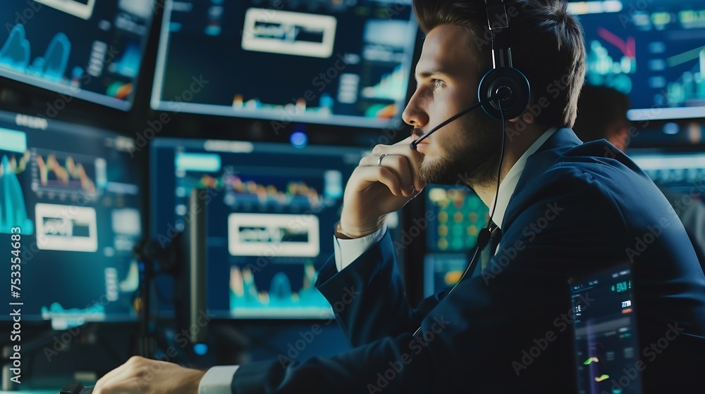 Poster Generative AI : Stock Exchange Trader Makes a Deal with Big Client Over the Headset. He Works with Other Brokers and is Surround 