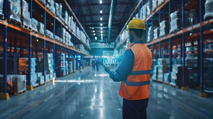 Generative AI : Warehouse worker using hologram visual smart information display for futuristic data business intelligent 