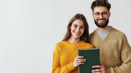 Beautiful young couple holding a book with a green cover and smiling while standing on a white background