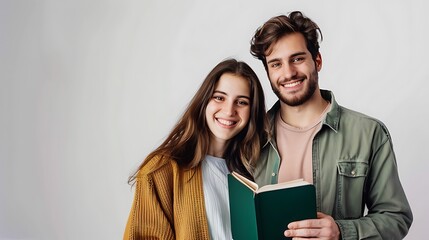 Beautiful young couple holding a book with a green cover and smiling while standing on a white background