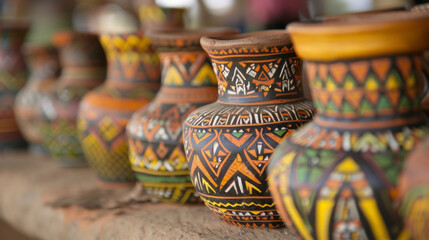 A line of intricately designed clay pots each filled with a unique herbal remedy and used in different ways to treat various ailments in African tribal medicine. - obrazy, fototapety, plakaty