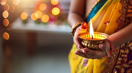 Generative AI : Indian family in traditional sari lighting oil lamp and celebrating Diwali or deepavali