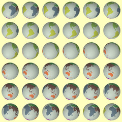 Collection of globes. Tilted sphere view. Rotation step 10 degrees. Colored continents style. World map with graticule lines on warm background. Dazzling vector illustration.